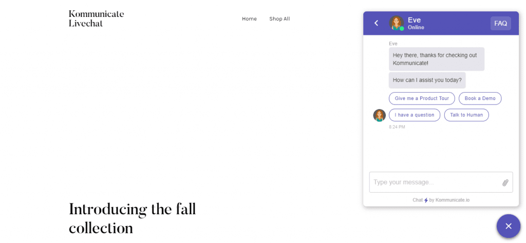Screenshot of a website with a live chat widget embedded. Screenshot of a website with a live chat widget embedded. The chat widget shows a conversation between the user and a chatbot named Eve. The chatbot welcomes the user and asks how it can assist. The user has typed "hello world" and the bot has responded with "hello world.