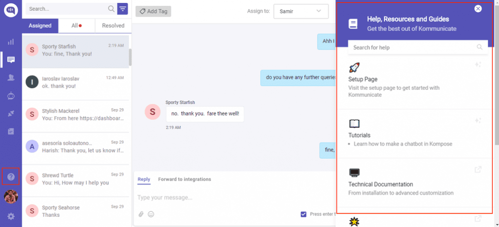 Screenshot of a chat interface with the help/resources menu open, showing options for setup, tutorials, and documentation.