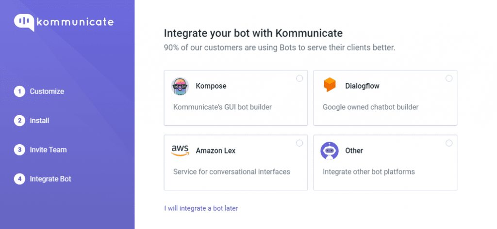 Screenshot of Kommunicate's bot integration options, showing choices for Kompose, Dialogflow, Amazon Lex, and other platforms.