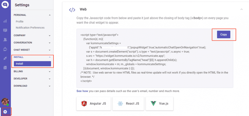 Kommunicate live chat script