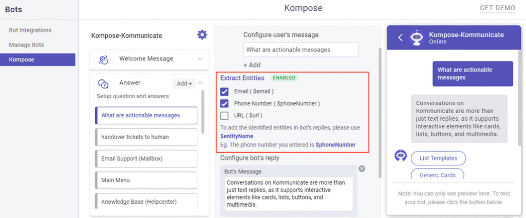 Screenshot of the Kompose interface highlighting the enabled entity extraction options for email, phone number, and URL.