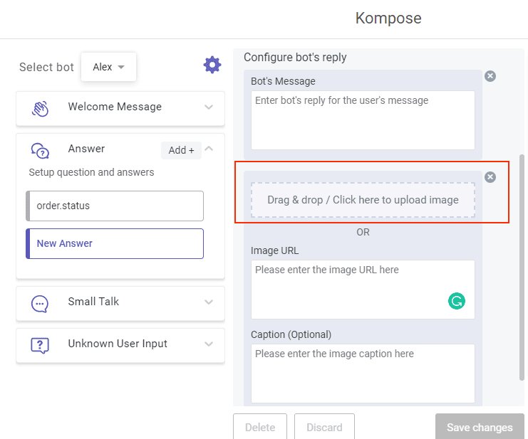 Screenshot of the Kompose interface highlighting the image upload area for configuring a bot's reply.