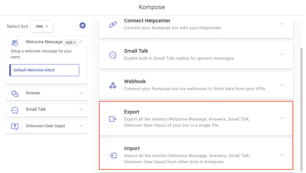 Screenshot of the Kompose interface highlighting the Export and Import options for bot intents.