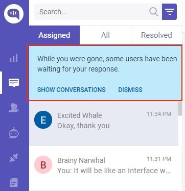 Screenshot of a chat interface showing a notification: "While you were gone, some users have been waiting for your response."