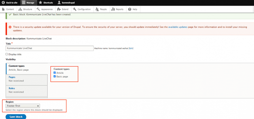 add live chat to drupal websites - block display position