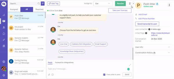 Screenshot of a chat interface showing a conversation with a bot, including options for resolving the conversation and taking over from the bot.