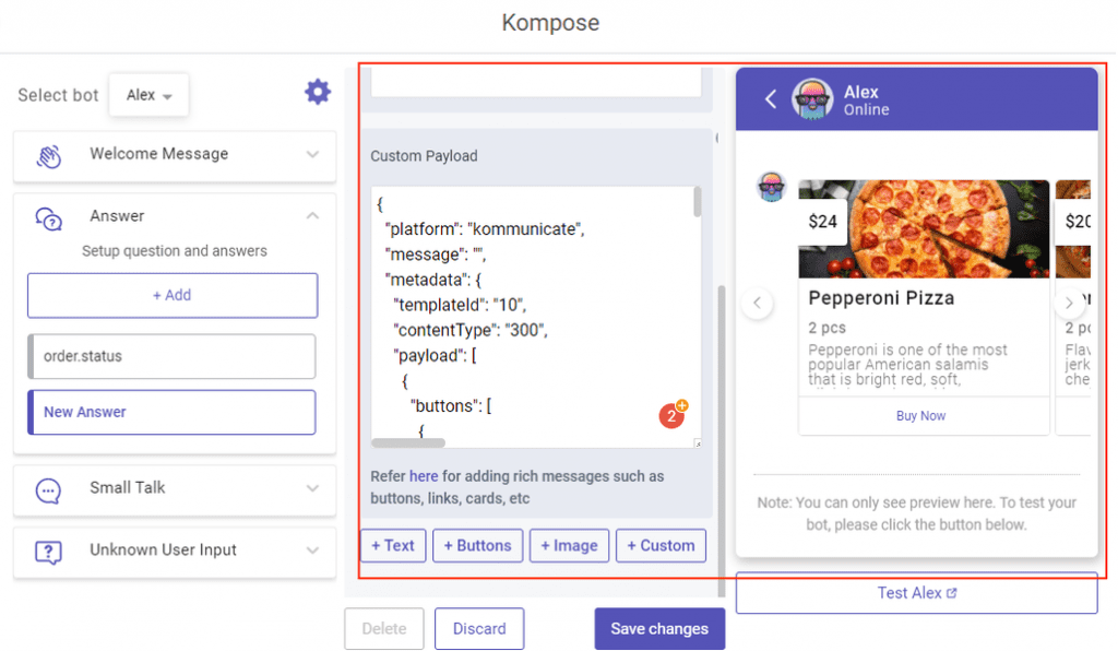 Screenshot of Kompose showing JSON code for a bot response with a preview of a pizza order with a "Buy Now" button.