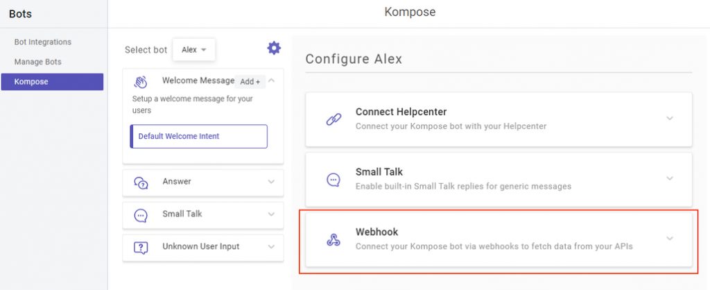 connect chatbots with Webhooks in Kompose chatbot builder