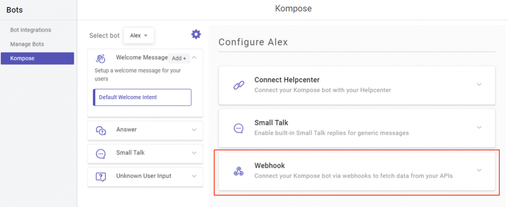 connect chatbots with Webhooks in Kompose chatbot builder