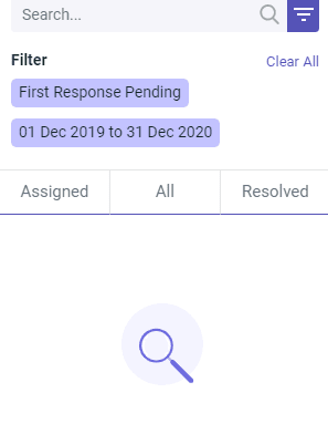 Screenshot of a conversation list filtered to show "First Response Pending" conversations from December 1, 2019, to December 31, 2020.