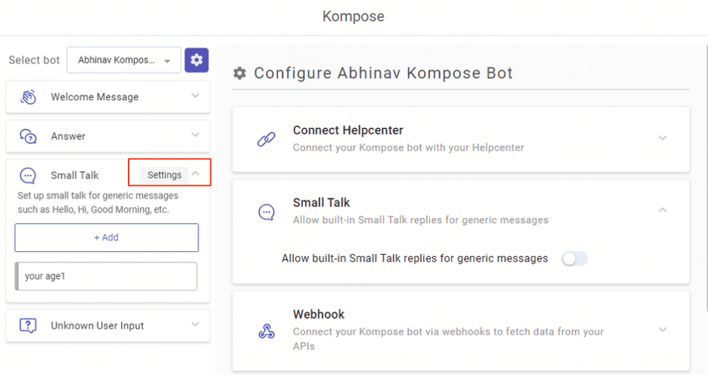 Screenshot of the Kompose interface, highlighting the Small Talk settings and the option to enable built-in replies.