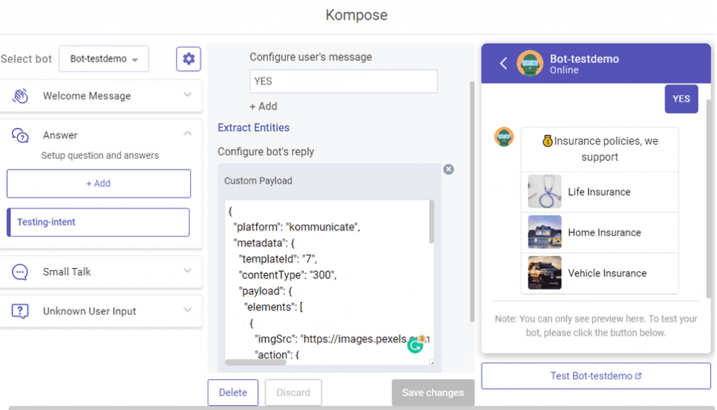 Screenshot of the Kompose interface showing the configuration of a custom payload for a bot's reply, including JSON code and a preview.