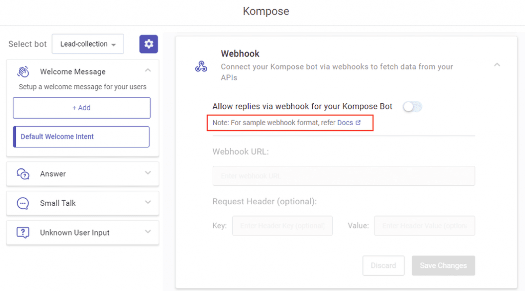 Screenshot of the Kompose Webhook configuration panel, with emphasis on the documentation link.