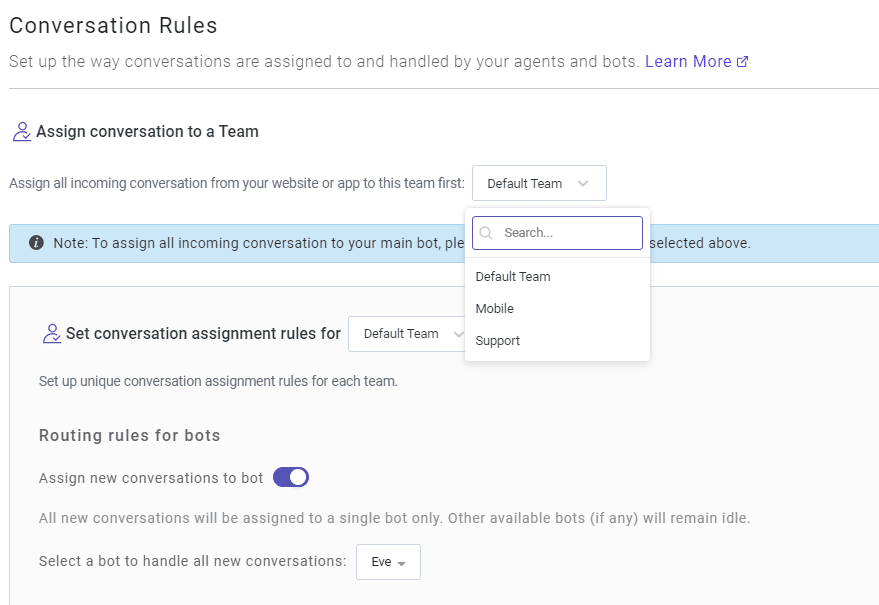 Screenshot of Kommunicate's conversation assignment settings, showing options for assigning conversations to teams and bots.