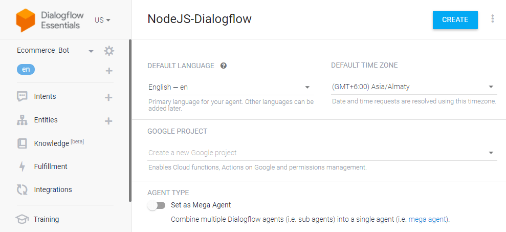 Create Agent -Dialogflow