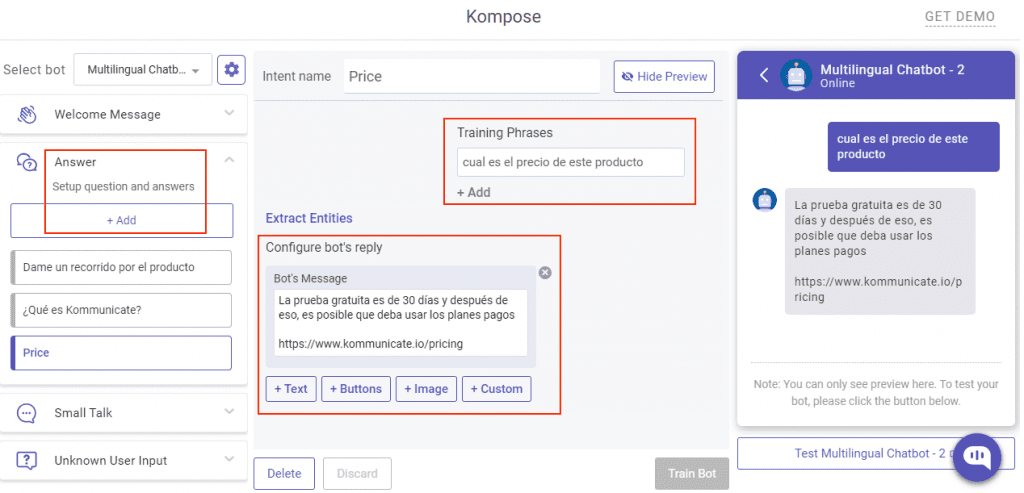 Training phrases in chatbot