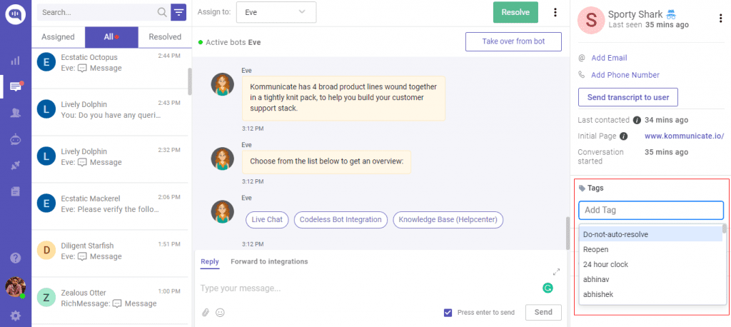Screenshot of Komunicate conversation view, with the "Tags" section highlighted, showing options like "Do-not-auto-resolve" and others.