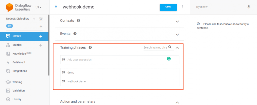 Training Phrases - Dialogflow