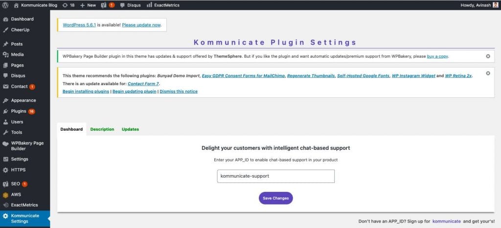 Add Dialogflow Bot to WordPress - kommunicate plugin setting