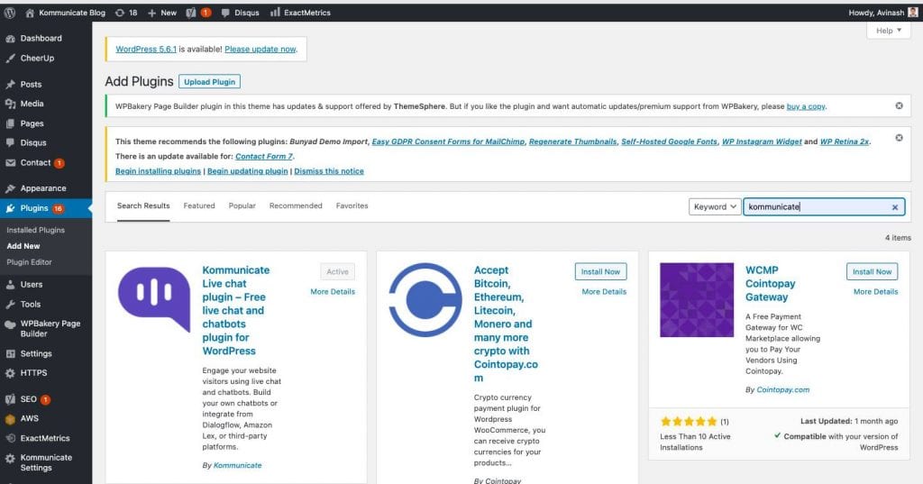 Add Dialogflow Bot to WordPress - install kommunicate chatbot plugin