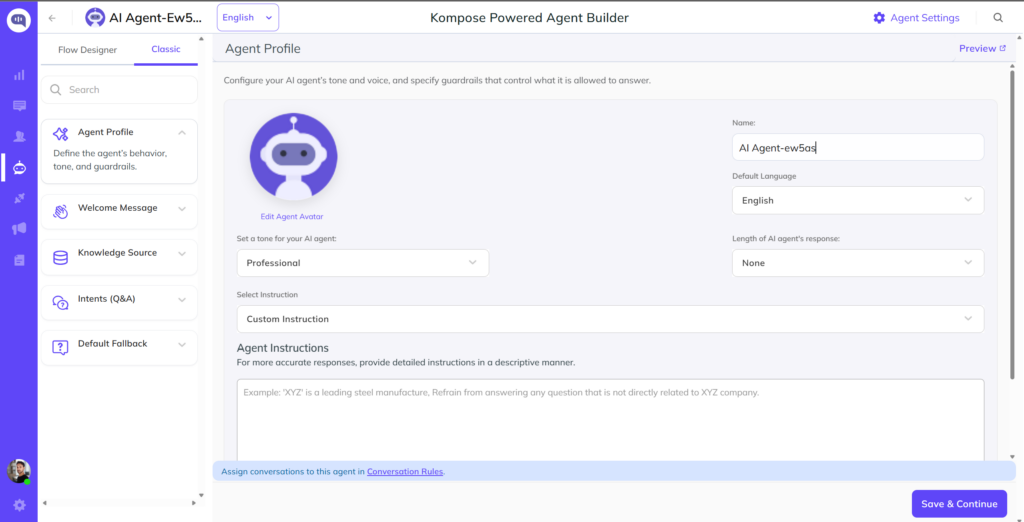Kommunicate Kompose Powered Agent Builder screen showing the agent profile settings for naming a new WhatsApp chatbot and configuring its language, tone, and instructions.