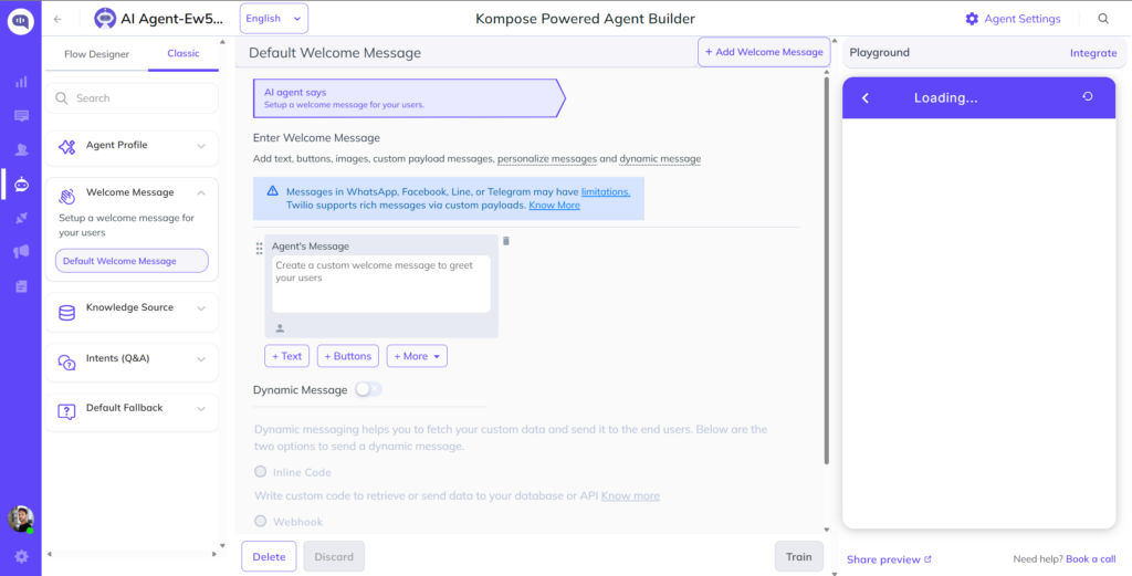 Kommunicate Kompose Agent Builder showing the welcome message flow editor for designing and training a WhatsApp chatbot conversation flow.