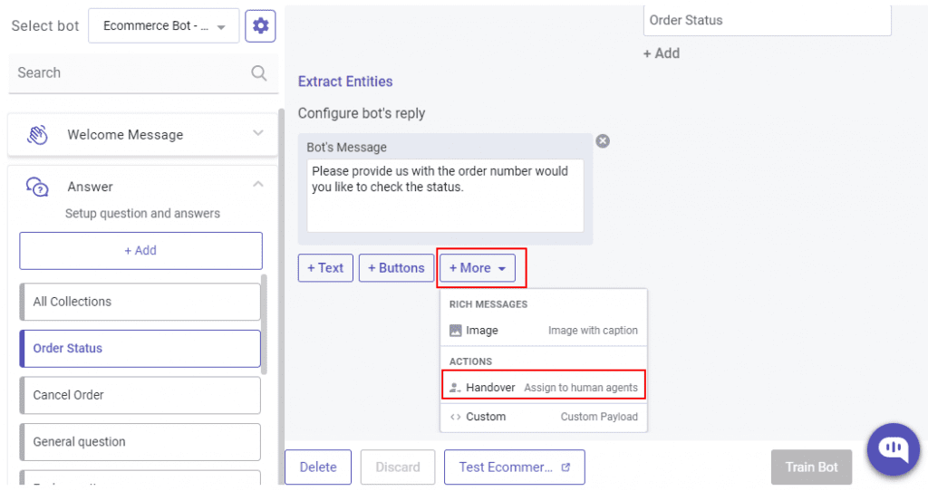 Screenshot of the Kompose bot reply configuration interface, highlighting the 'Handover' action under the 'More' options."