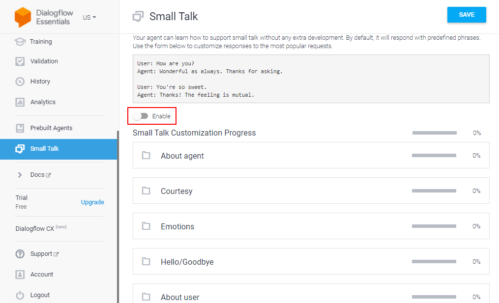 Dialogflow chatbot datset