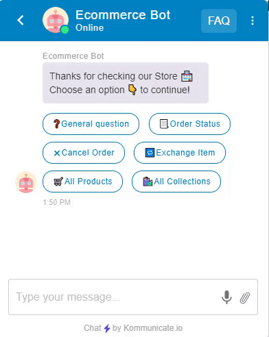 Screenshot of an ecommerce chatbot interface with quick reply buttons for common actions.