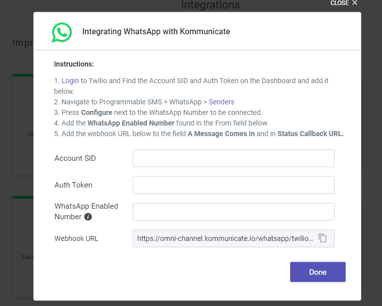 Instructions for integrating WhatsApp with Kommunicate, including fields for Account SID, Auth Token, WhatsApp Enabled Number, and Webhook URL.