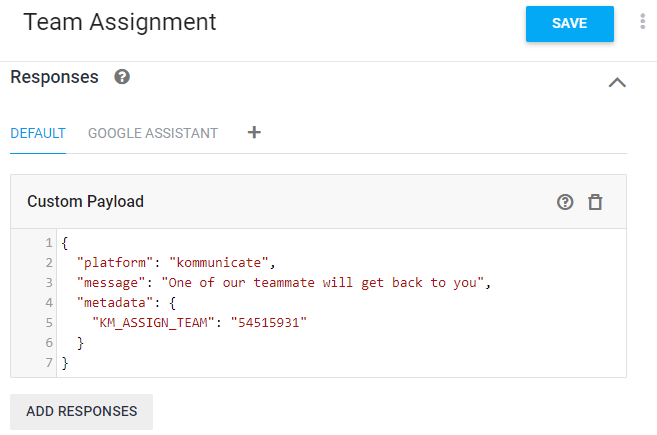Team Assignment" settings showing a custom payload JSON configuration for a bot response, assigning a team with the ID "54515931"