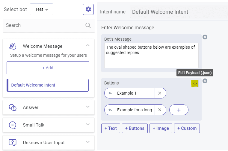 Kompose interface for setting up a welcome message, showing the "Default Welcome Intent" with example buttons and an "Edit Payload (json)" option highlighted.