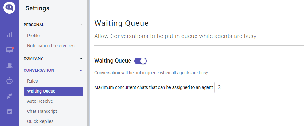 Settings screen showing the "Waiting Queue" options, with the queue enabled and a maximum of 3 concurrent chats per agent.