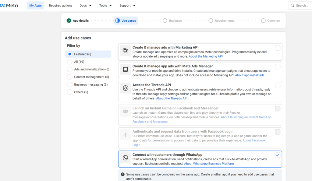 Meta for Developers Use Cases screen showing “Connect with customers through WhatsApp” selected while creating a WhatsApp Business API app.