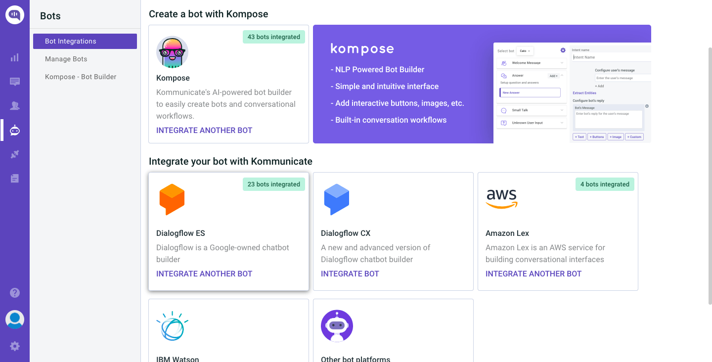 Choosing Dialogflow integration in Kommunicate