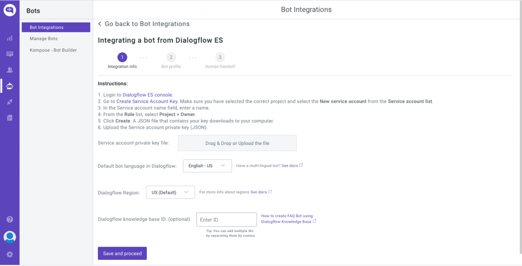 Integrating a bot with dialogflow ES