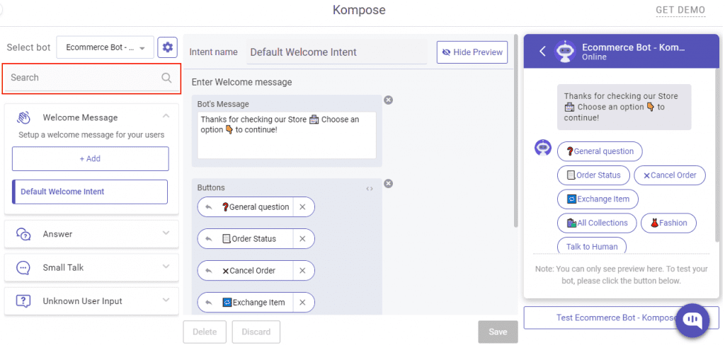 Kompose interface showing the "Default Welcome Intent" for the "Ecommerce Bot," with a search bar highlighted.