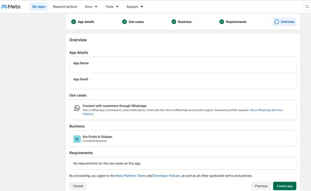 Meta for Developers app creation screen showing the Business app type selected before creating a WhatsApp Business API app.