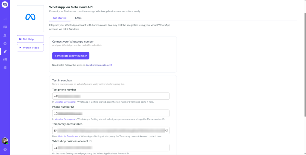 Kommunicate WhatsApp via Meta Cloud API setup screen showing fields for phone number, Phone Number ID, access token, and WhatsApp Business Account ID.