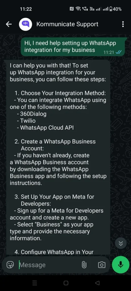 WhatsApp chat screen showing a test message sent to Kommunicate Support and an automated chatbot response with steps to set up WhatsApp integration.