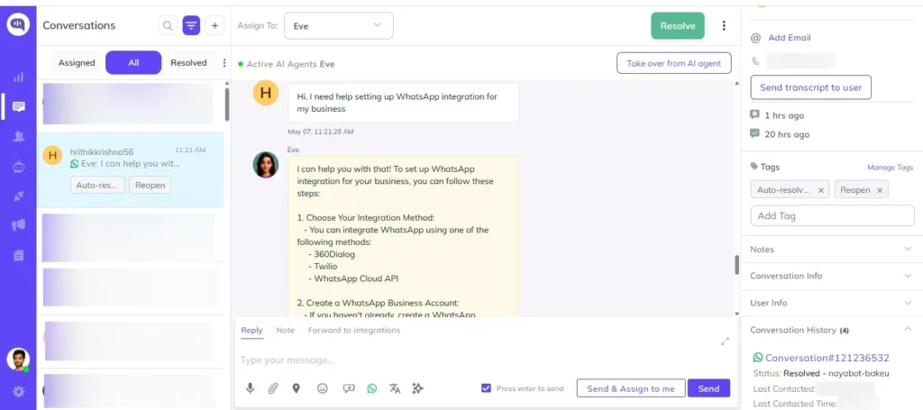 Kommunicate Conversations dashboard showing a live WhatsApp chatbot test conversation with the customer message and automated bot response visible.