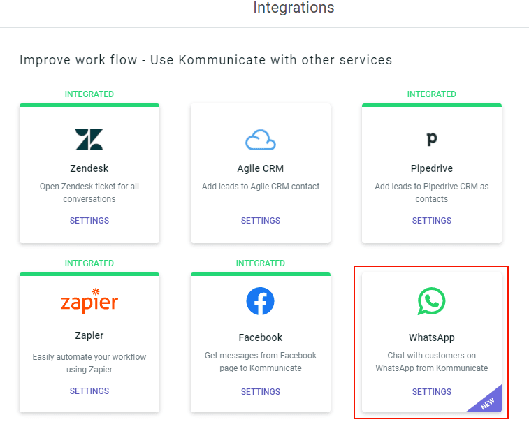 Kommunicate integrations showing the WhatsApp integration, with text "Chat with customers on WhatsApp from Kommunicate" and a "NEW" badge