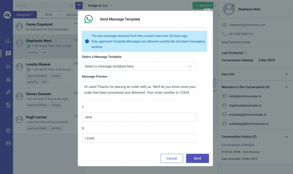 Modal window titled "Send Message Template" within a chat interface, showing options to select a message template and preview its content, including a message about approved templates for outside the standard messaging window.