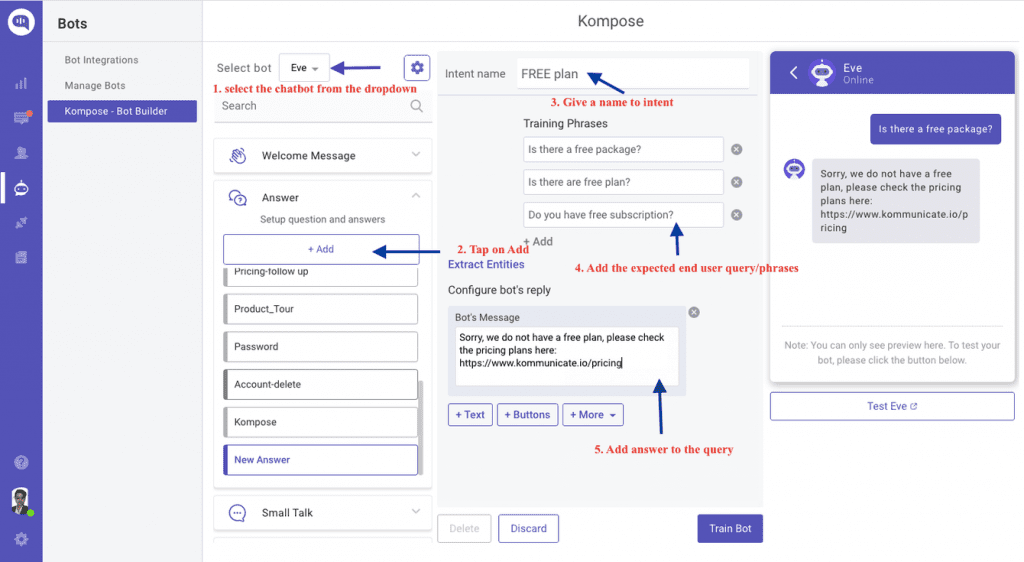visit the Kompose-bot builder platform and select the chatbot from the dropdown menu