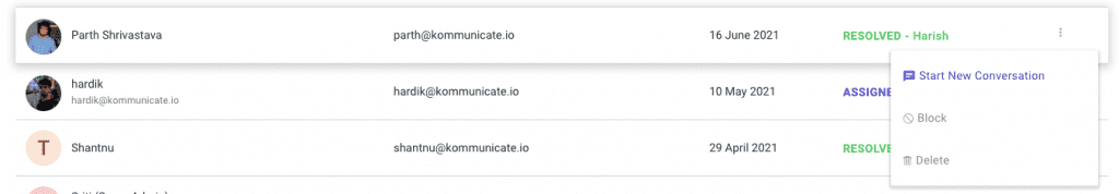 Screenshot of a user management interface showing a list of users and a context menu with actions like 'Start New Conversation', 'Block', and 'Delete'.