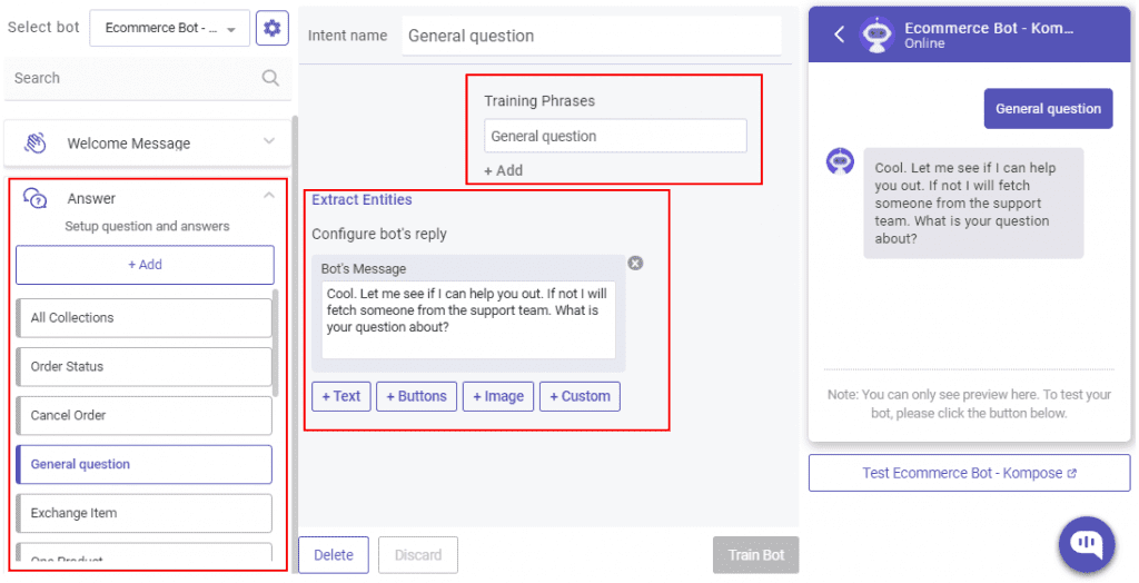 create shopify bot with kompose - train chatbot