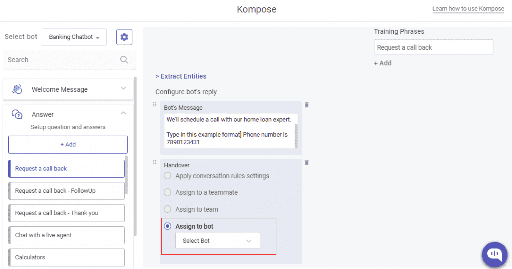 Screenshot of the Kompose interface showing the configuration of an "Answer" intent named "Request a call back" for a "Banking Chatbot." The "Handover" section is highlighted, specifically the "Assign to bot" option.