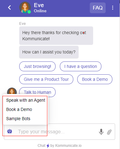 Screenshot of a chat interface with a chatbot named "Eve," showing suggested quick reply buttons and highlighting the text input area at the bottom.