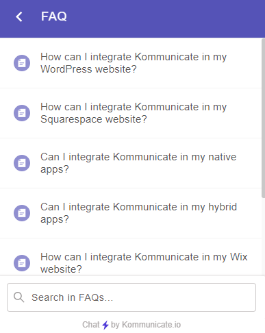 Screenshot of a FAQ section within a chat interface, listing questions about integrating Kommunicate with various platforms like WordPress, Squarespace, native apps, hybrid apps, and Wix, along with a search bar.
