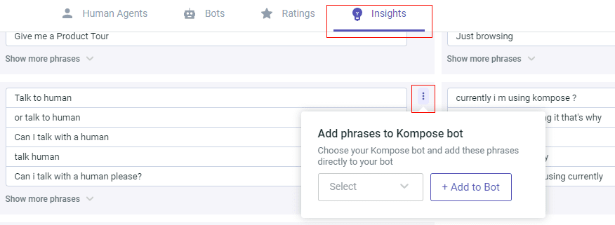 Screenshot highlighting the "Insights" tab and a pop-up window to "Add phrases to Kompose bot," with options to select a bot and add the phrases.